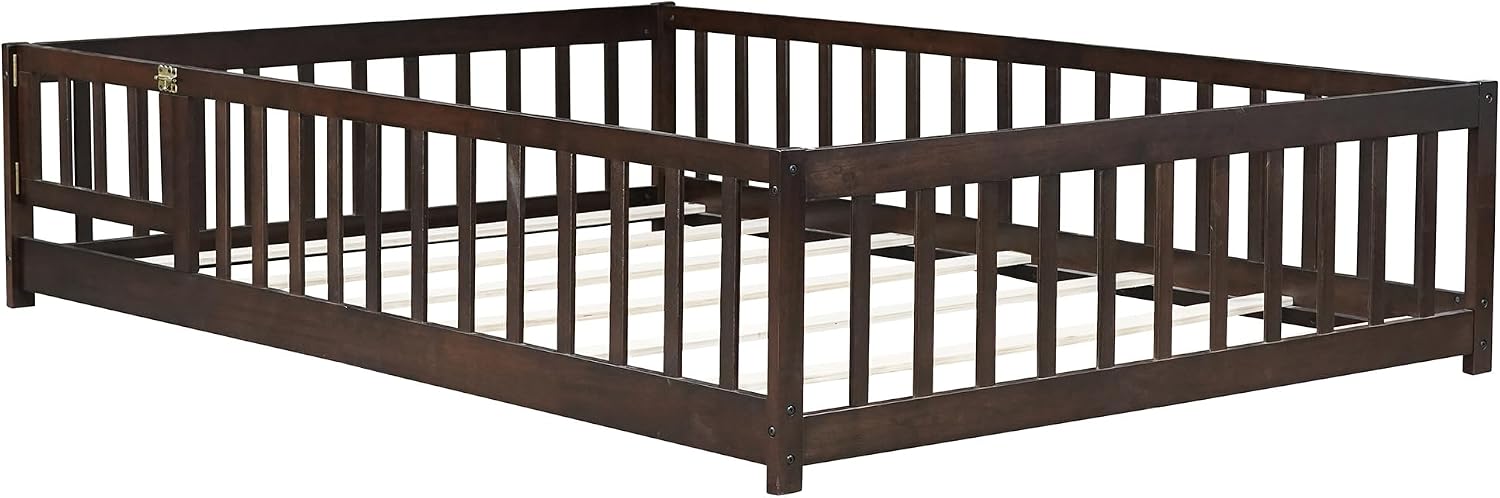 Bellemave Full Size Floor Bed with Door and Fence for Kids, Montessori Floor Bed with Slats and Safety Guardrails,Solid Wood Full Bed Frame for Girls Boys(Full,Espresso)