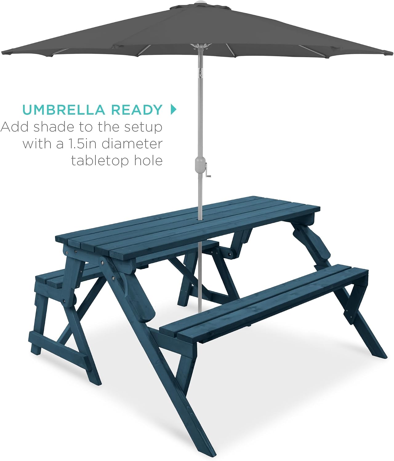 Best Choice Products 2-in-1 Transforming Interchangeable Outdoor Wooden Picnic Table Garden Bench for Backyard, Porch, Patio, Deck w/Umbrella Hole - Harbor Blue