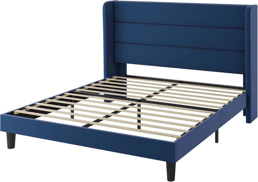 SHA CERLIN Full Size Velvet Bed Frame with Wingback Headboard/Upholstered Platform Bed with Wooden Slats/Mattress Foundation/No Box Spring Needed/Easy Assembly/Blue
