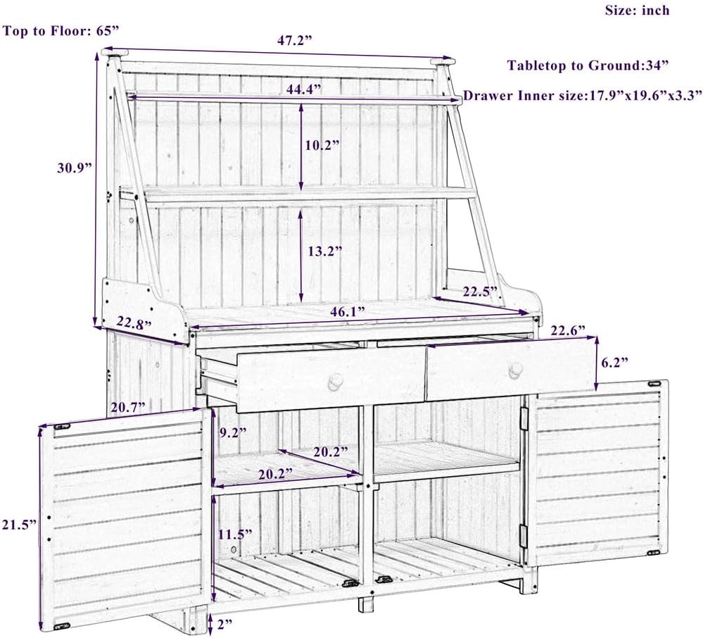 Outdoor Potting Bench, 65' Garden Potting Bench Table Work Bench with Storage Cabinet Shelf and Drawer, Large Horticulture Work Table Workstation for Patio/Lawn/Garden,Brown