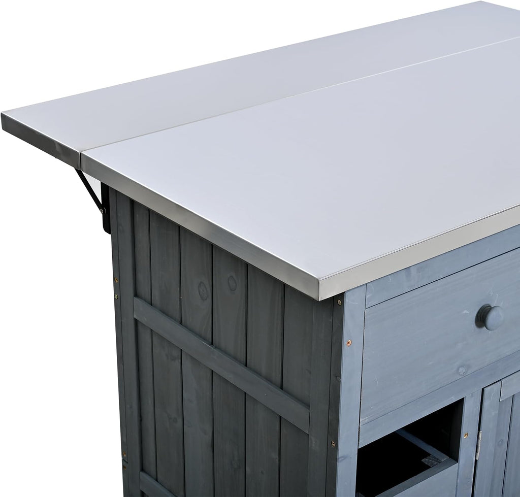 Outdoor Solid Wood Extendable 19.3''/28'' Kitchen Island,Stainless Steel Top Grill Table with Side Spice Rack,Drawers,for Backyard, BBQ,Party (Gray-D)