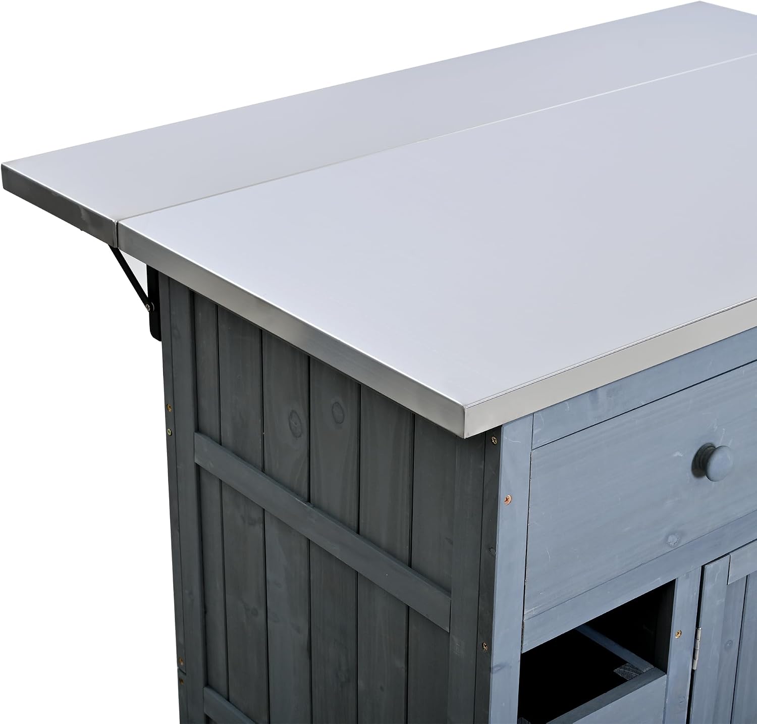 Outdoor Solid Wood Extendable 19.3''/28'' Kitchen Island,Stainless Steel Top Grill Table with Side Spice Rack,Drawers,for Backyard, BBQ,Party (Gray-D)