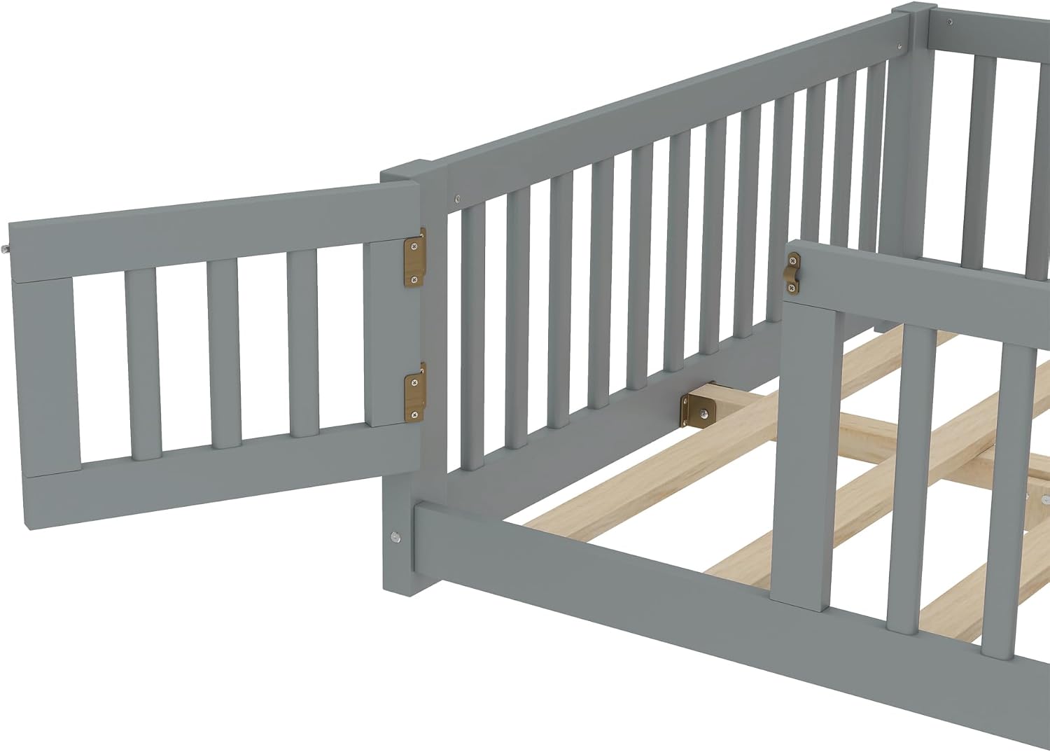 Full Size Floor Bed with Door and Fence for Kids, Montessori Floor Bed with Slats and Safety Guardrails,Solid Wood Floor Bed Frame Full Size for Girls Boys(Full,Gray)