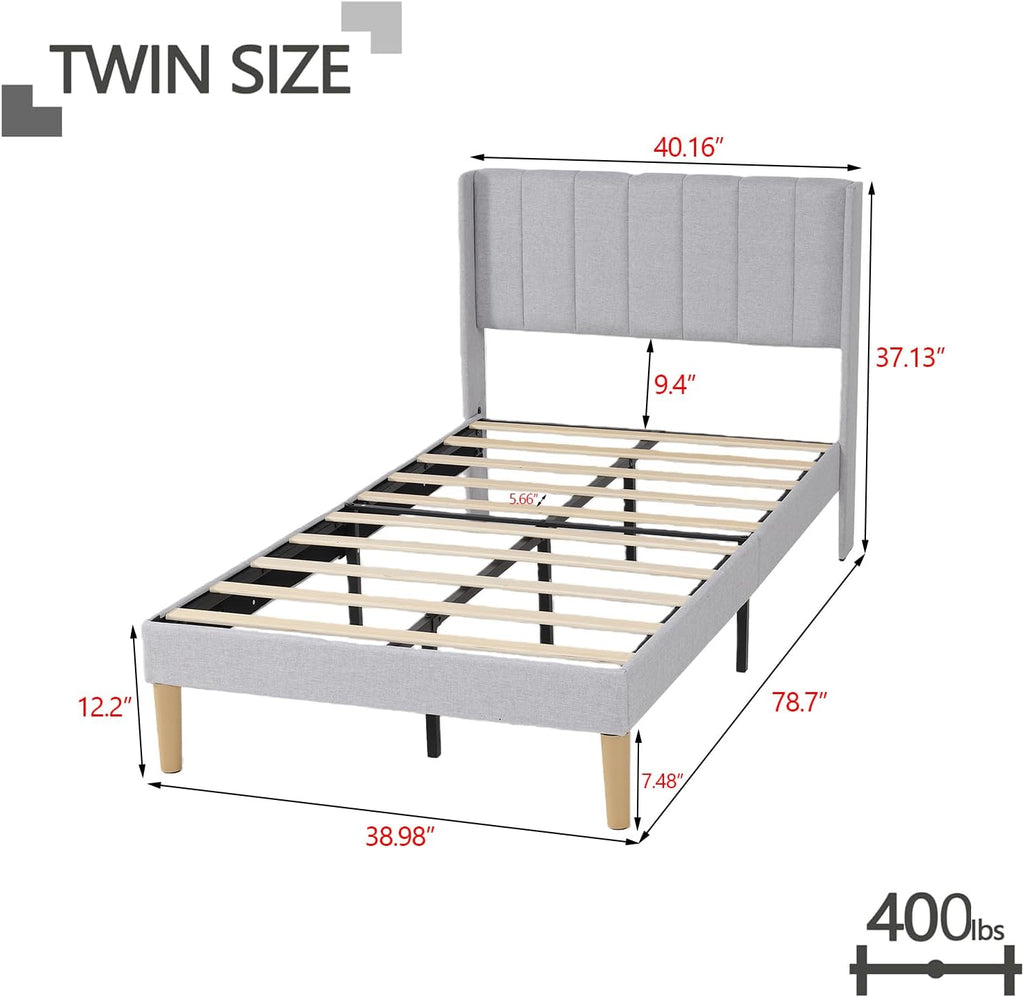 Twin Size Bed Frame with Headboard, Modern Upholstered Linen Platform Bed, Heavy Duty Wooden Slats Support, No Box Spring Needed, Noise-Free & Easy Assembly, Light Grey