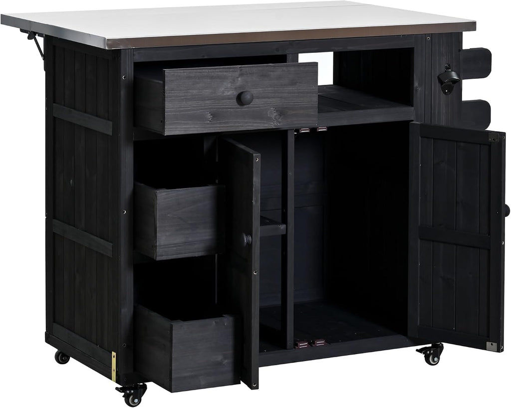 Outdoor Solid Wood Extendable 19.3''/28'' Kitchen Island,Stainless Steel Top Grill Table with Side Spice Rack,Drawers,for Backyard, BBQ,Party (Black-D)