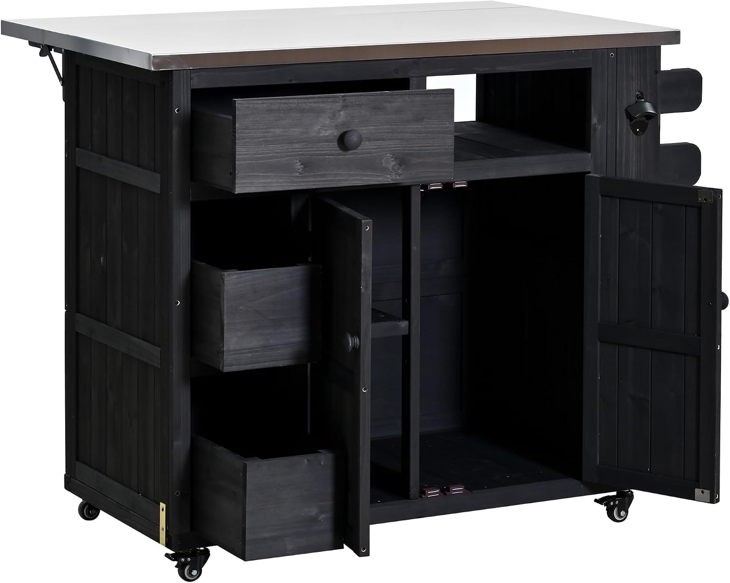 Outdoor Solid Wood Extendable 19.3''/28'' Kitchen Island,Stainless Steel Top Grill Table with Side Spice Rack,Drawers,for Backyard, BBQ,Party (Black-D)
