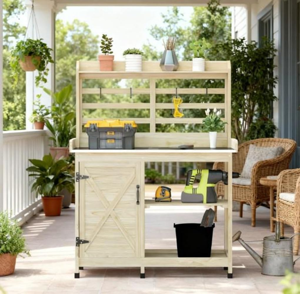 Potting Bench Table Wooden, Outdoor Garden Workstation with Storage Shelves, Heavy Duty Plant Stand for Patio, Backyard, Gardening Organizer, Natural Wood