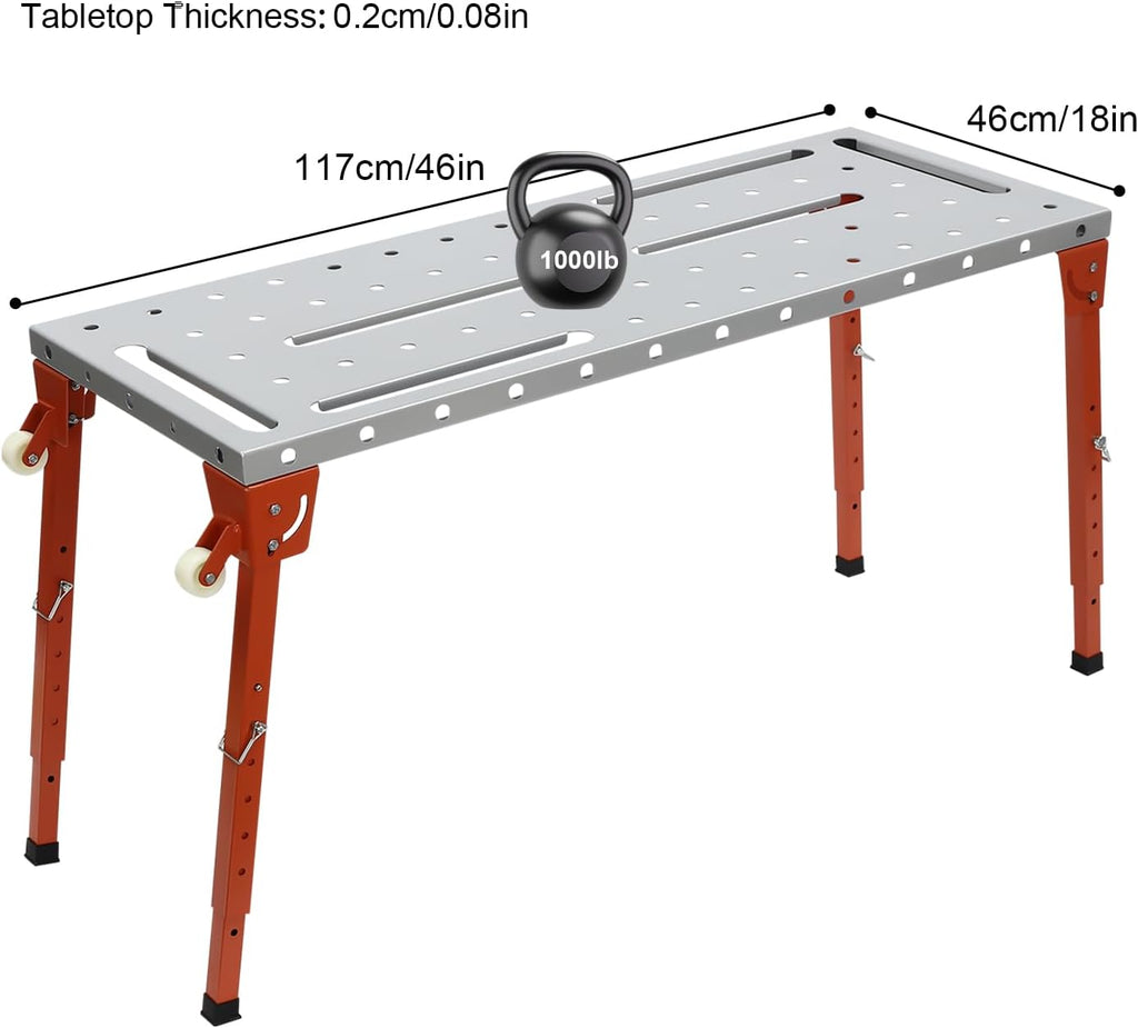Welding Table Portable Work Bench Folding Workbench Adjustable Height Desk 46 * 18In Cart with 4Adjustable & Foldable Legs+2Casters Handles Steel 1000Lbs Weight-Carrying Capacity