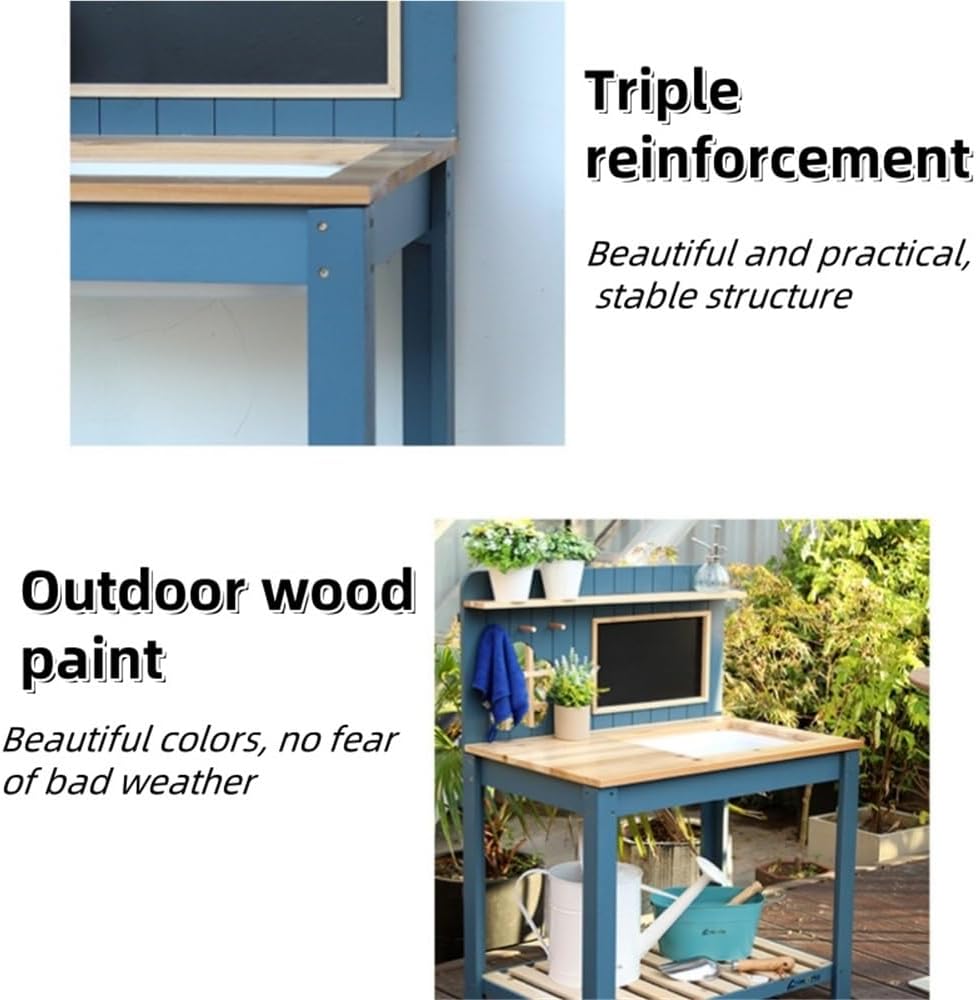 Solid Wood Potting Bench, 2 Tier Potting Table with Sink and Hooks, Outdoor Potting Bench for Garden, Yard, Balcony, Garden Table with Storage, Gardening Bench with Blackboard(Gray)
