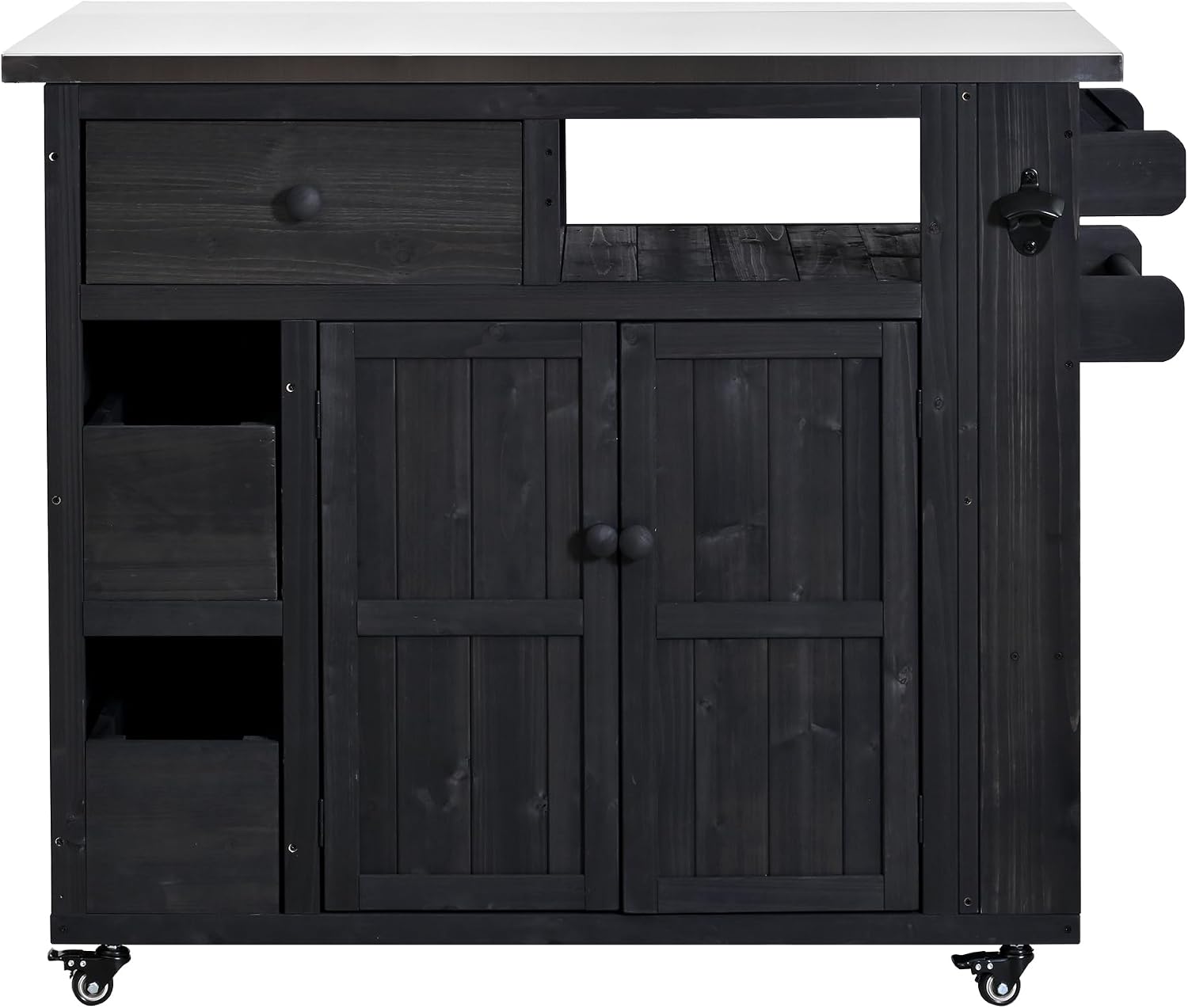 Outdoor Solid Wood Extendable Kitchen Island, Stainless Steel Top Grill Table with Side Spice Rack, Kitchen Cart with Drawers, Storage Cabinet for Backyard, BBQ,Party (Black/S)