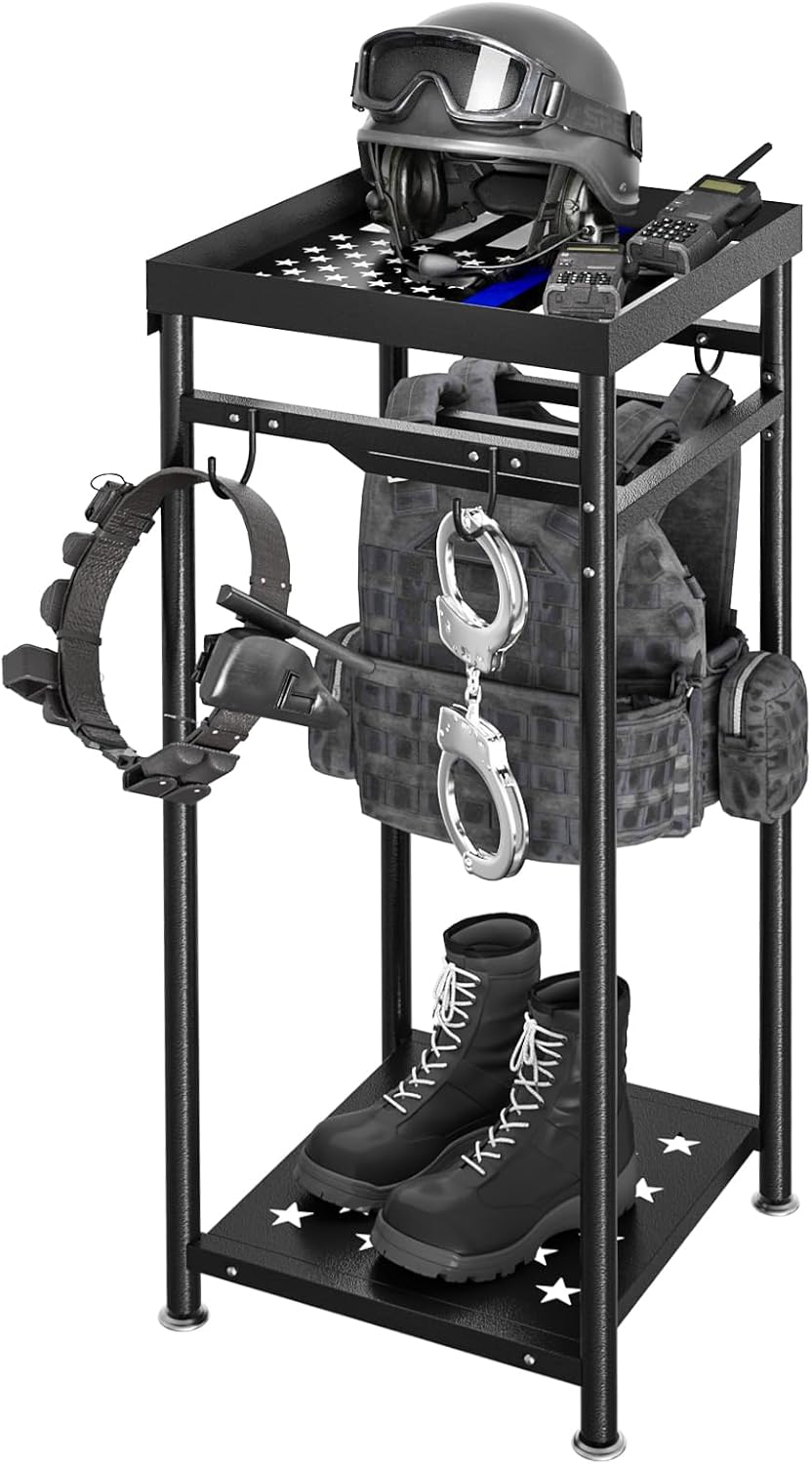 Freestanding Police Gear Stand with Hooks, Heavy Duty Metal Hanger for Body Armor, Duty Belt, Vest & Uniform Storage, Black Tactical Gear Rack Fits Law Enforcement, Security, Academy Graduation Gift