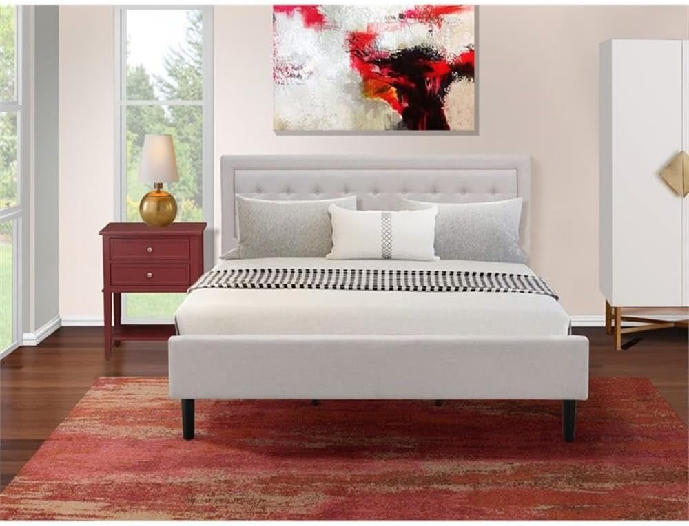 East West Furniture FN08K-1VL13 2-Piece Fannin Wooden Set for Bedroom with 1 Platform Bed and a Mid Century Modern Nightstand - Reliable and Durable Manufacturing - Mist Beige Linen Fabric