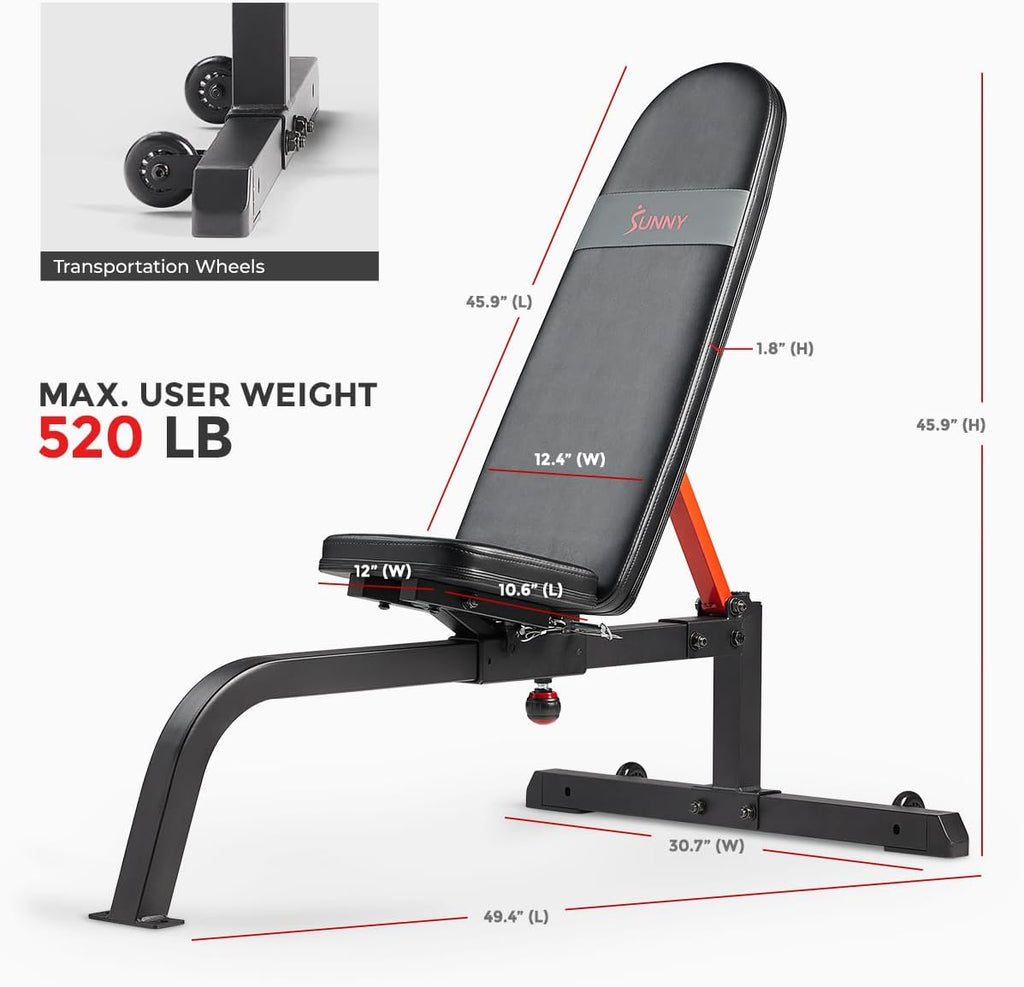 Sunny Health & Fitness Adjustable Weight Bench for Home Gym Strength Training, Incline/Decline, Multi-Position, High Weight Capacity