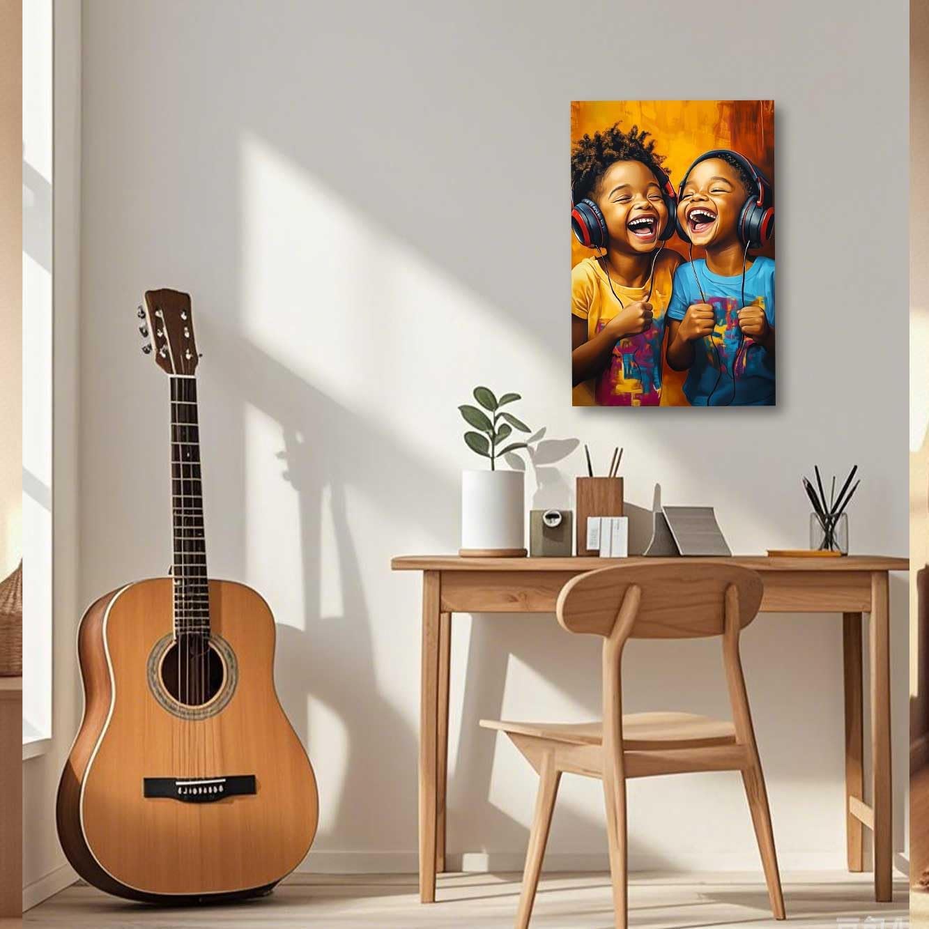 XLMDYYSW African American Wall Art Two African Children with Headphones Picture Black Kids Music Canvas Print Kid Laughter Painting Boy Girl Room Decor Frame (42L x 28W)