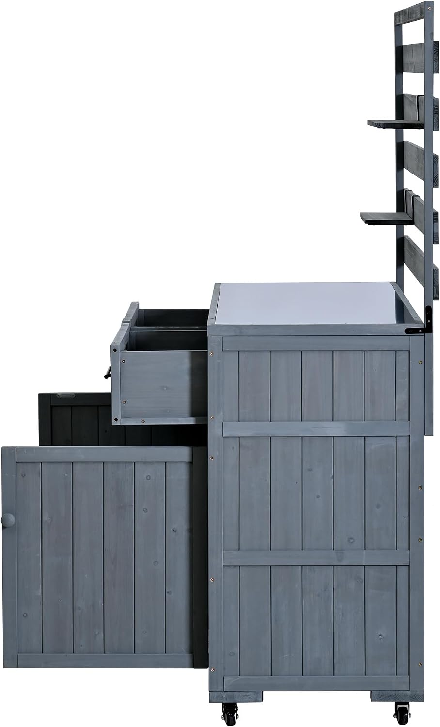 Polibi Outdoor Kitchen Island Solid Wood Patio Cart, 64.9' BBQ Grill Prep Table with Stainless Top, 3 Movable Shelves & 2 Drawers, Garden Potting Bench, Gray