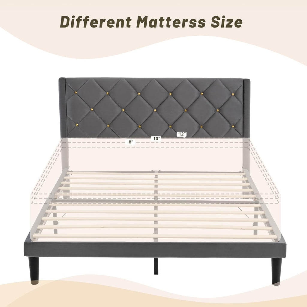Full Size Platform Bed Frame with Velvet Headboard, Sturdy Wooden Slats Support, Mattress Foundation, No Box Spring Required, Non-Slip and Noise-Free,Easy Assembly, Grey