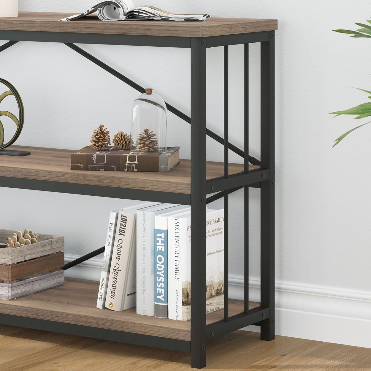 IBF Industrial 3 Tier Bookshelf, Rustic Low Wood and Metal Book Shelf, Farmhouse Long Wide Open Horizontal Bookcase, Modern Large Vintage Etagere for Home Office Bedroom Living Room, Rustic Oak, 63 In