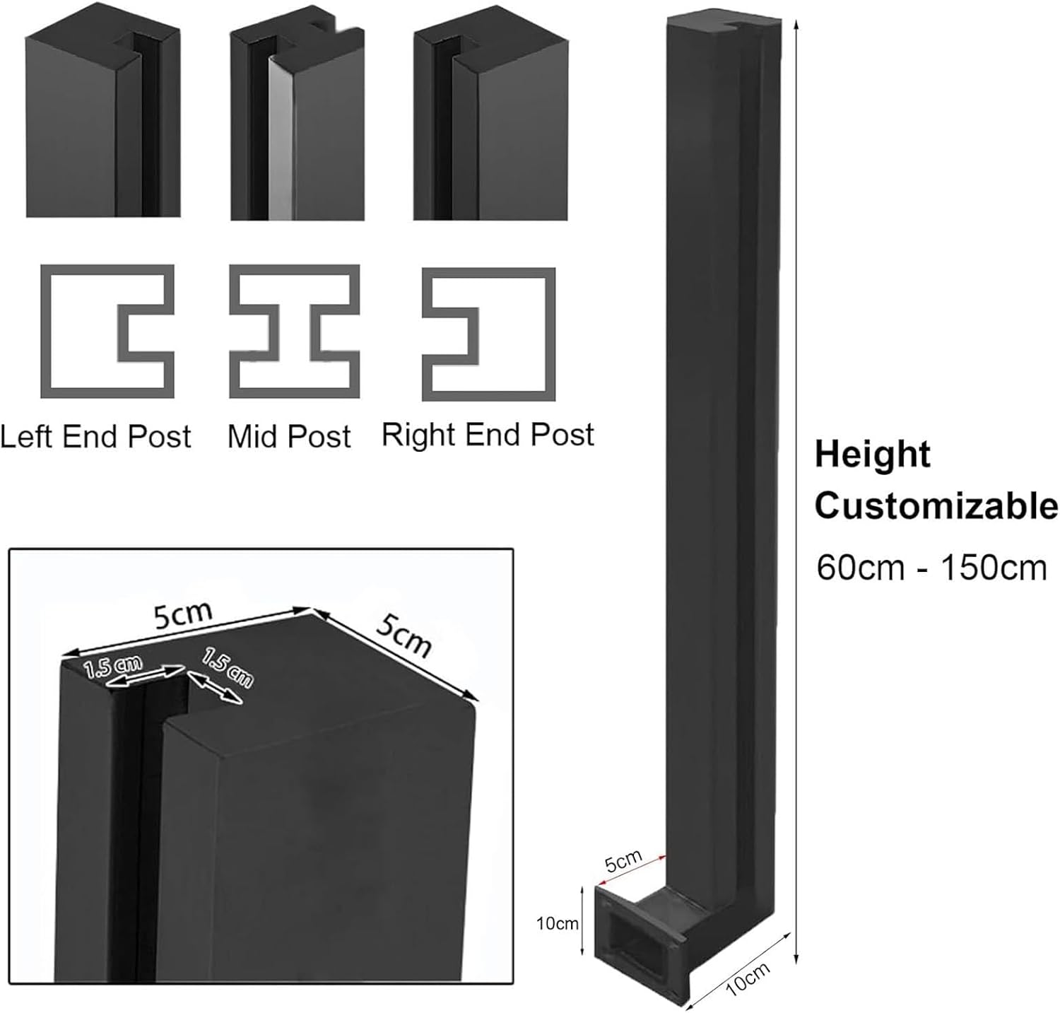 Custom Heights Wall Side Mount Black Glass Railing Post Side Mount, Outdoor Pool Fence Panels Baluster Post, Deck Railing System with Complete Kit for Exterior Steps Villas Balcony/ Stairway(Right End