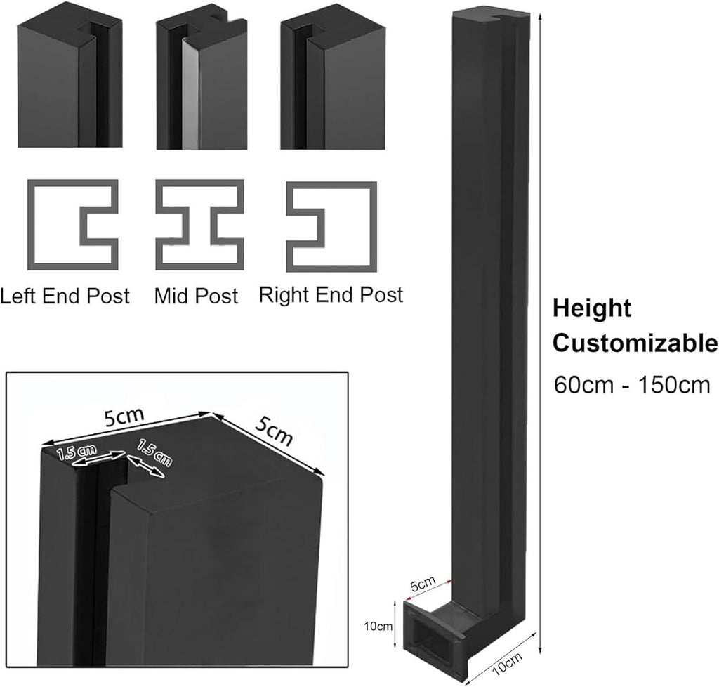 Custom Heights Wall Side Mount Black Glass Railing Post Side Mount, Outdoor Pool Fence Panels Baluster Post, Deck Railing System with Complete Kit for Exterior Steps Villas Balcony/ Stairway(Right End