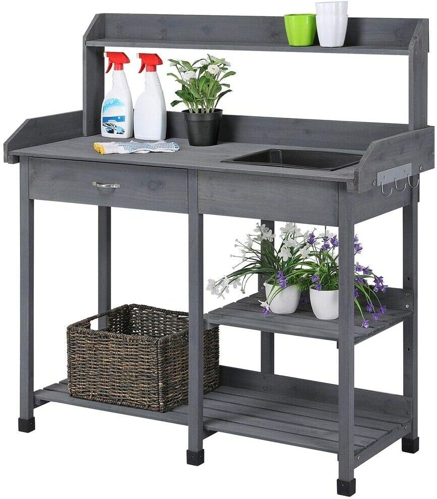 Potting Bench Table Garden Workbench Greenhouse Plastic Sink Indoor Outdoor Easy Assemble Balcony Elegant Wooden Work Planting Drawer Patio Furniture Hook Lawn Gardening Care Shelf Tools Hanging Towel