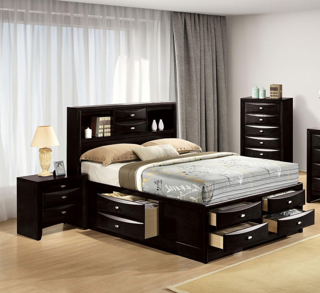 King Size Bed 2X Nightstands Headboard Bookcase Black Color 3pc Set Bedroom Furniture