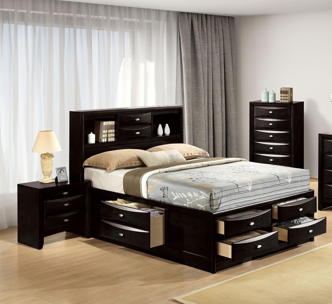 King Size Bed 2X Nightstands Headboard Bookcase Black Color 3pc Set Bedroom Furniture