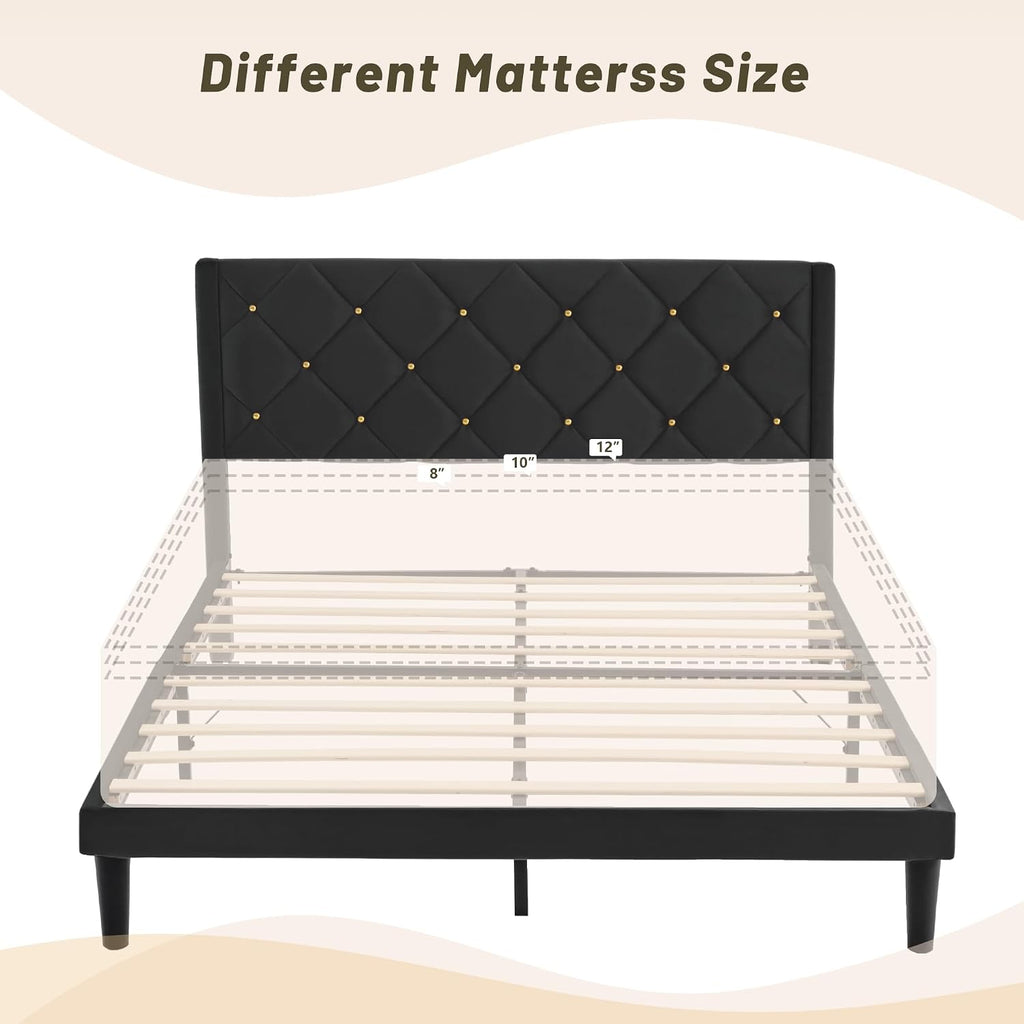 Full Size Platform Bed Frame with Velvet Headboard, Sturdy Wooden Slats Support, Mattress Foundation, No Box Spring Required, Non-Slip and Noise-Free, Easy Assembly, Black