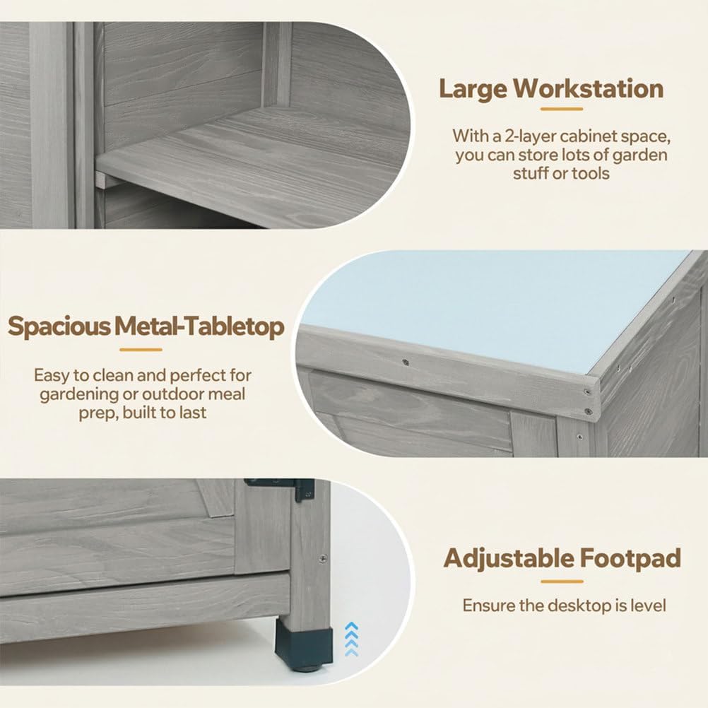 Garden Potting Bench Table, Outdoor Storage Cabinets Weatherproof Storage Cabinet with Metal Table Top Garden Furniture Wood Workstation for Outdoor Patio