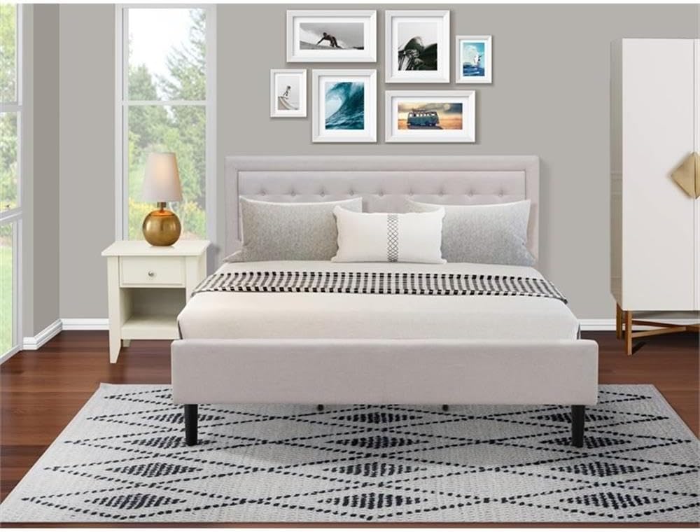 East West Furniture FN08K-1GA0C 2-Piece Platform King Bedroom Set with 1 Bed and Wire Brushed Butter Cream End Table - Reliable and Sturdy Manufacturing - Mist Beige Linen Fabric Bed