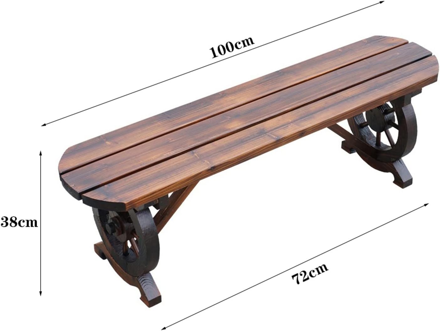 HASMI Outdoor Benches 100/120cm Porch Bench Wooden Carbonized Bench Wheel Shape Chair Legs Oval Seat Pastoral Style Two-seat Sofa Outdoor Bench Garden Bench (Size : 100cm)