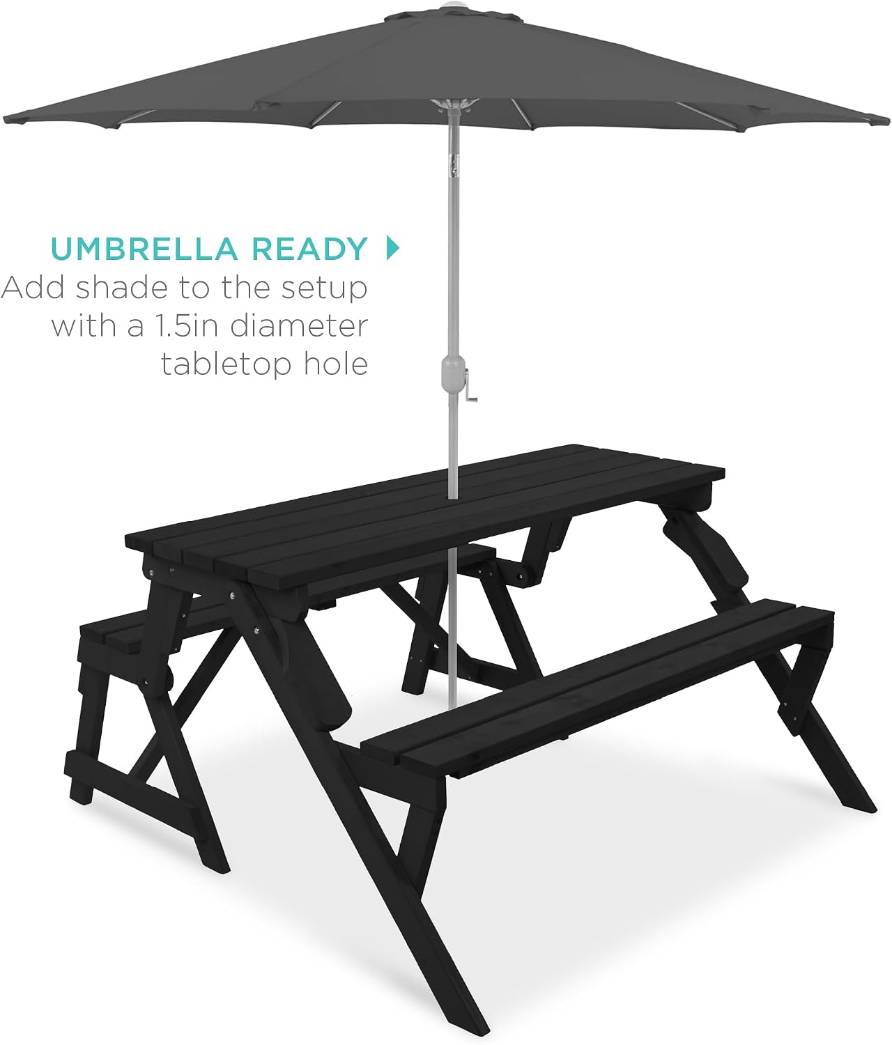 Best Choice Products 2-in-1 Transforming Interchangeable Outdoor Wooden Picnic Table Garden Bench for Backyard, Porch, Patio, Deck w/Umbrella Hole - Black