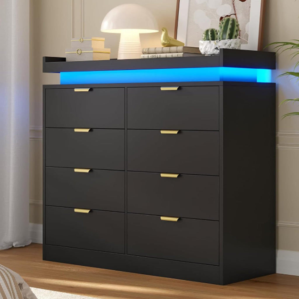 knoworld 8 Drawer Dresser for Bedroom, Black Dresser with LED Lights and Power Outlet, Large Wooden Dressers Modern Chest of Drawers, Double Wide 9 Drawer Dressers for Bedroom, Entryway, Hallway