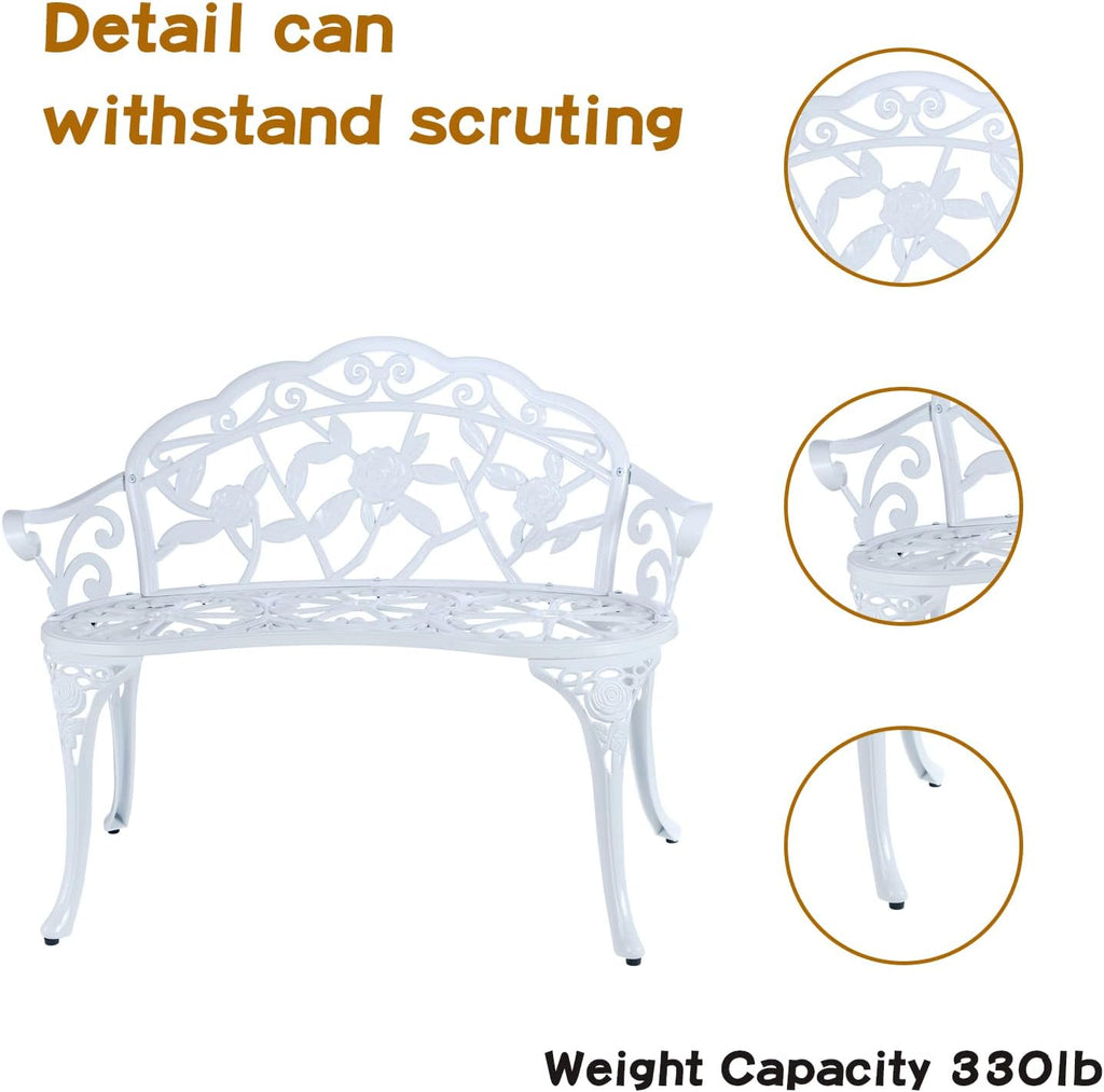 YKSY&YKSY Patio Garden Bench Metal Park Bench Cast Aluminum Outdoor Furniture with Floral Rose for Patio,Park,Lawn,Yard (White)