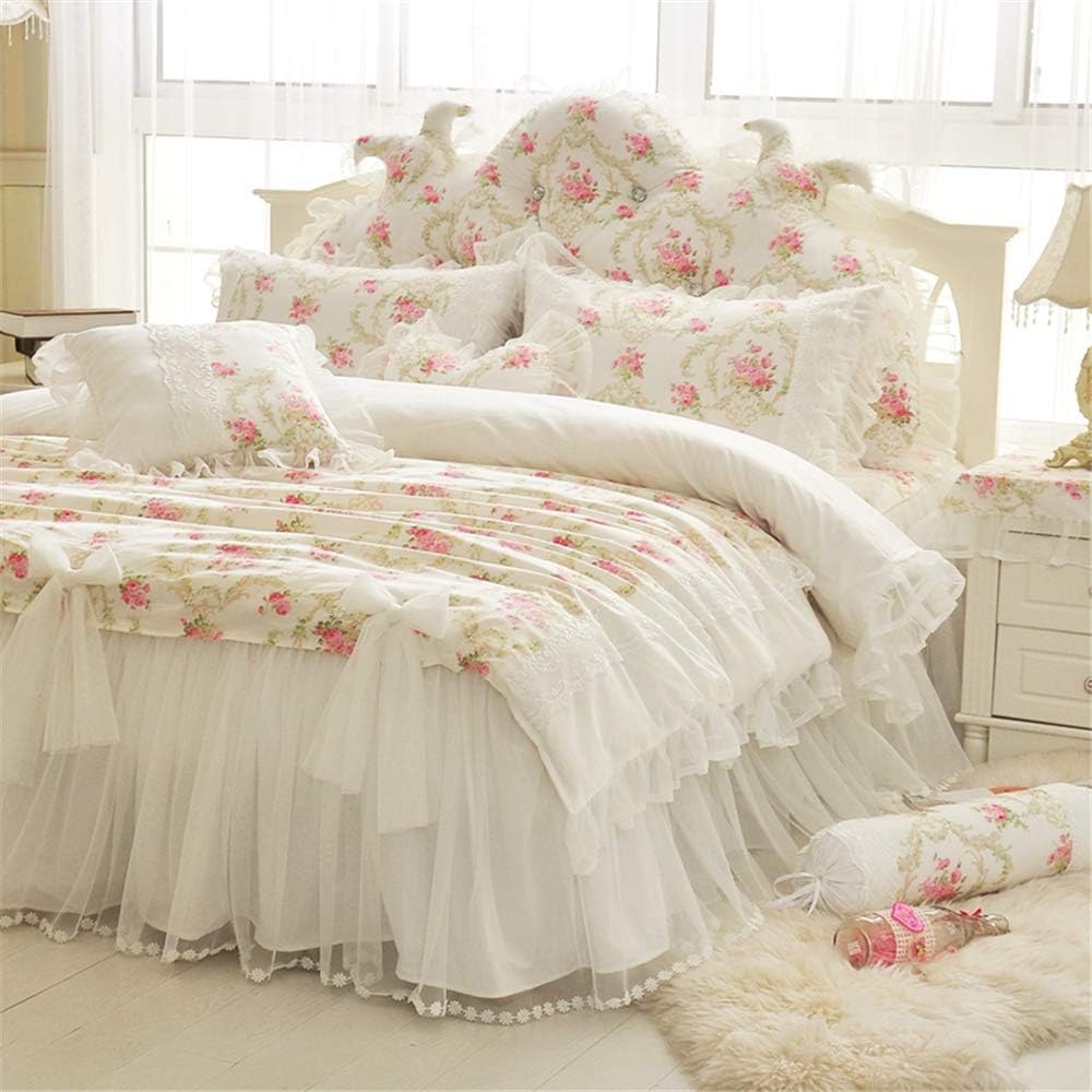 LELVA Girls Bedding Set Lace Ruffle Duvet Cover Sets with Bed Skirt Princess Bedding Set Vintage Floral Print Duvet Cover Twin Size 4 Piece (Full, White)