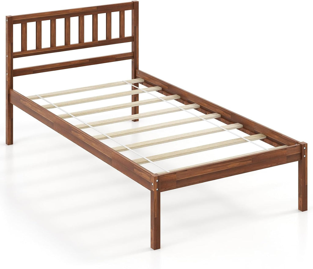 KOMFOTT Twin Size Wood Platform Bed Frame with Headboard, 16-Inch Mid-Century Wooden Bed Frame with Slats Support & 12' Under Bed Storage Space, Retro Mattress Foundation, No Box Spring Needed