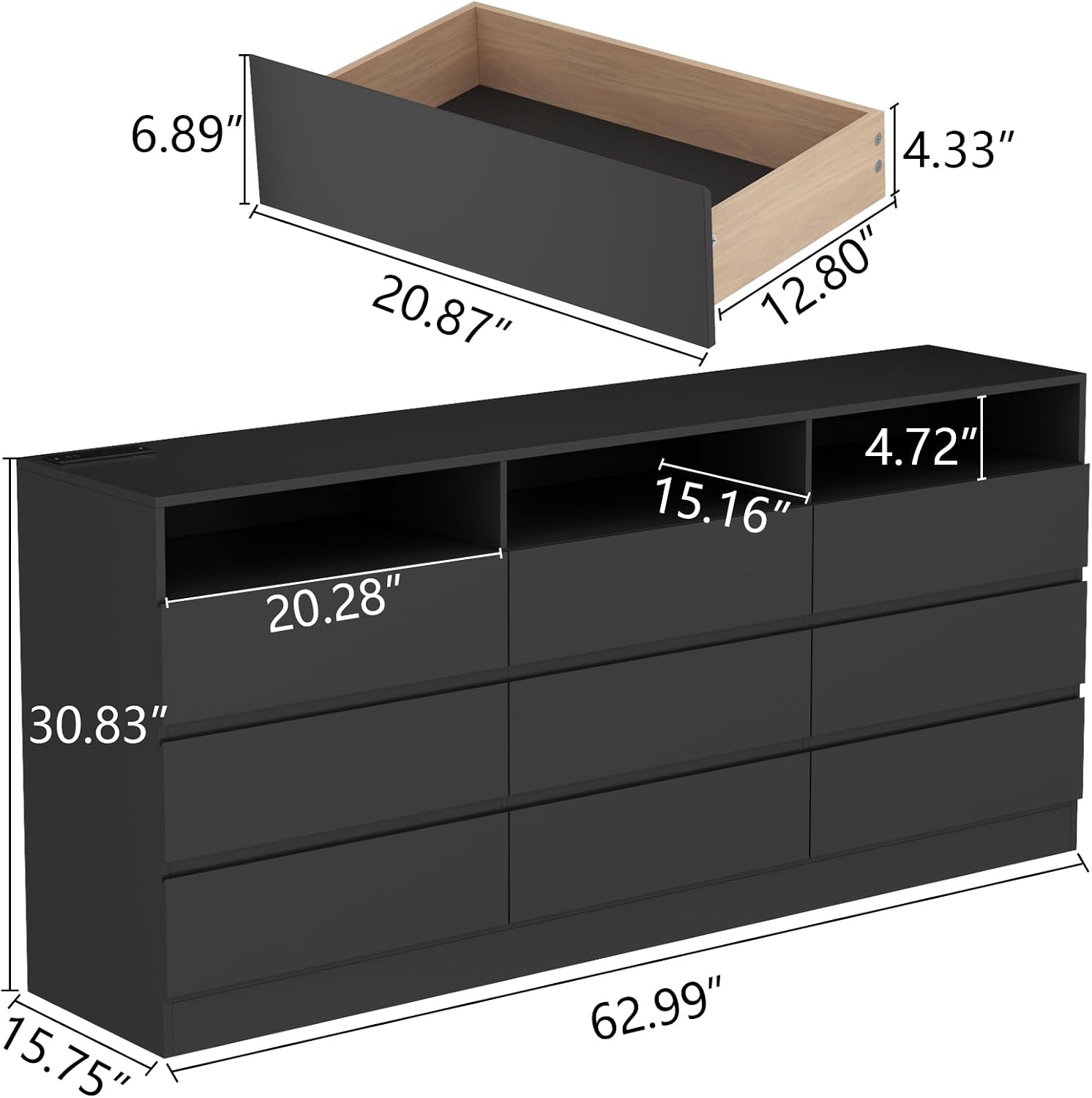 Loomie 9 Drawers Dresser, White Drawer Cabinet with Power Outlet, Accent Chests of Drawers with LED Light, Modern Storage Chest for Bedroom, Living Room (9 Drawers Black)