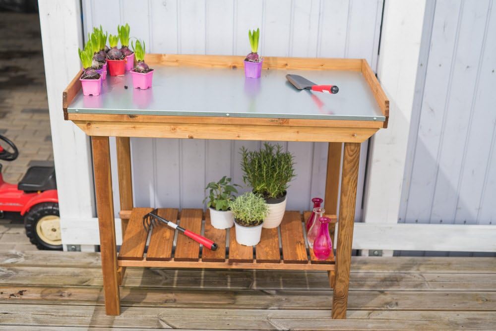Gardeners Table with Tin Surface – Outdoor Potting Table with Metal Top, Gardening Workstation for Planting, Potting & Yard Tasks