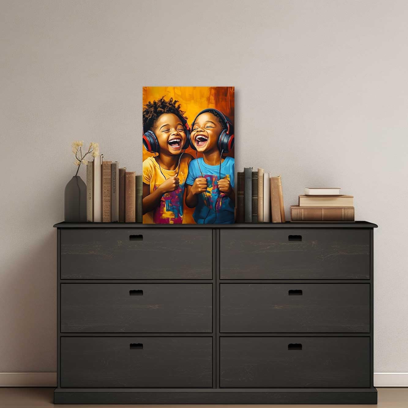 XLMDYYSW African American Wall Art Two African Children with Headphones Picture Black Kids Music Canvas Print Kid Laughter Painting Boy Girl Room Decor Frame (42L x 28W)