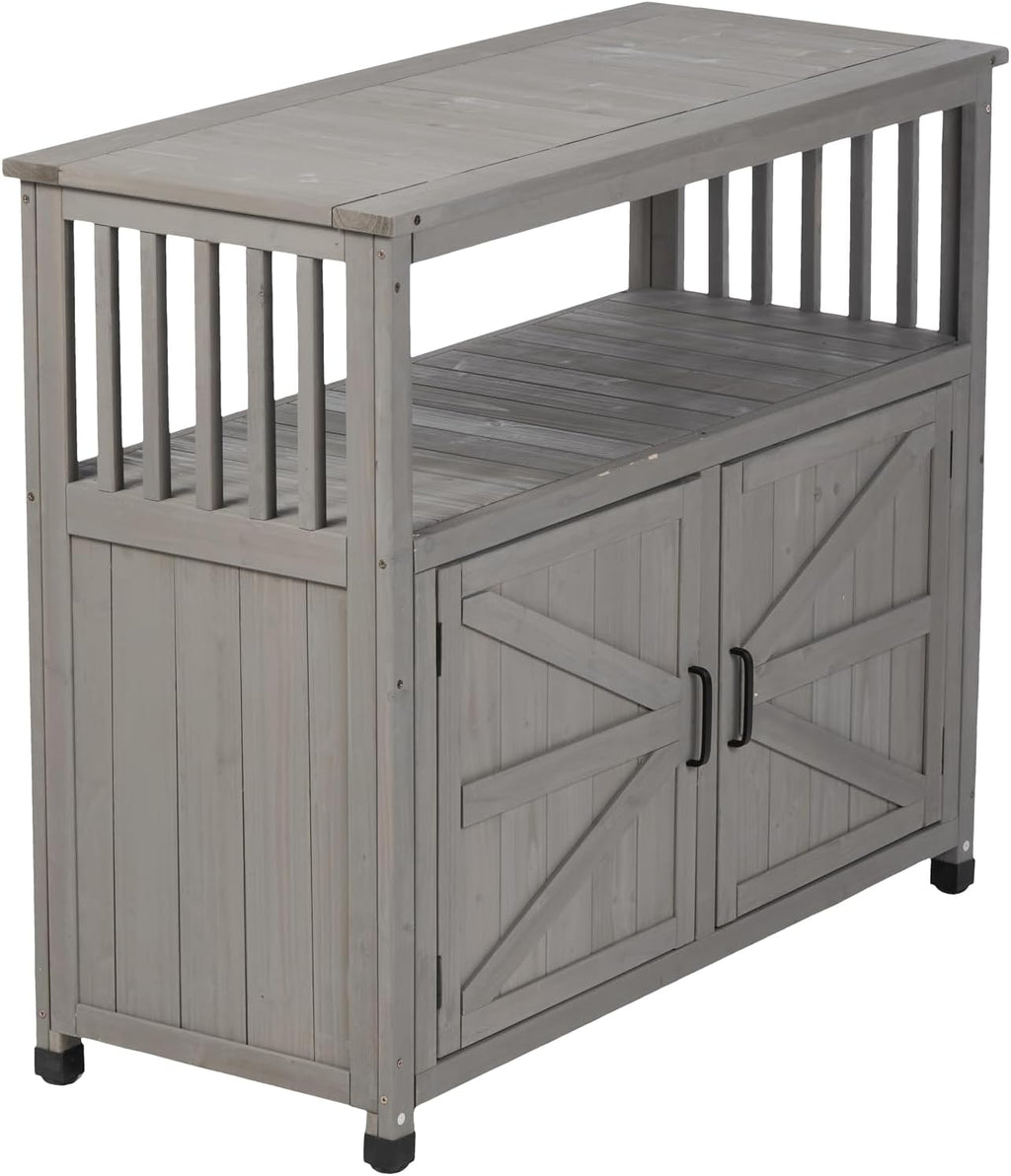 Wooden Potting Bench, Outdoor Patio Buffet Cabinet Sideboard with 2 Doors and 2 Open Shelves,Anti-Slip Foot Pads for Patio, Backyard, Garden