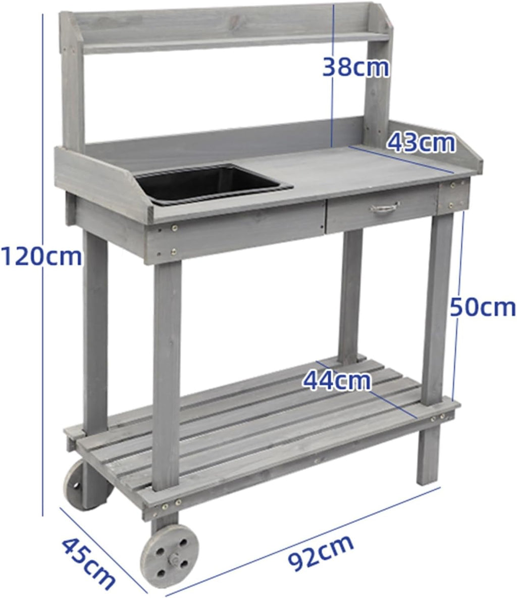 Potting Bench Table w/Wheels, Wood Garden Work Table with Sink, Drawer and Storage Shelves, Gardening Workstation for Yard Lawn Patio Indoor Outdoor Flower Plant Pot Bench