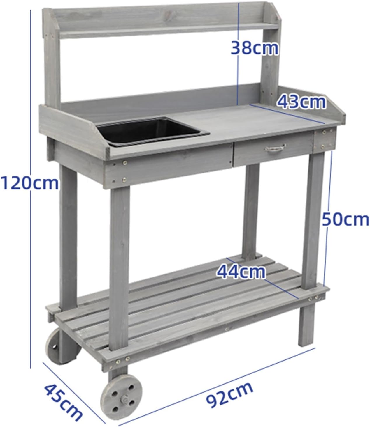 Potting Bench Table w/Wheels, Wood Garden Work Table with Sink, Drawer and Storage Shelves, Gardening Workstation for Yard Lawn Patio Indoor Outdoor Flower Plant Pot Bench