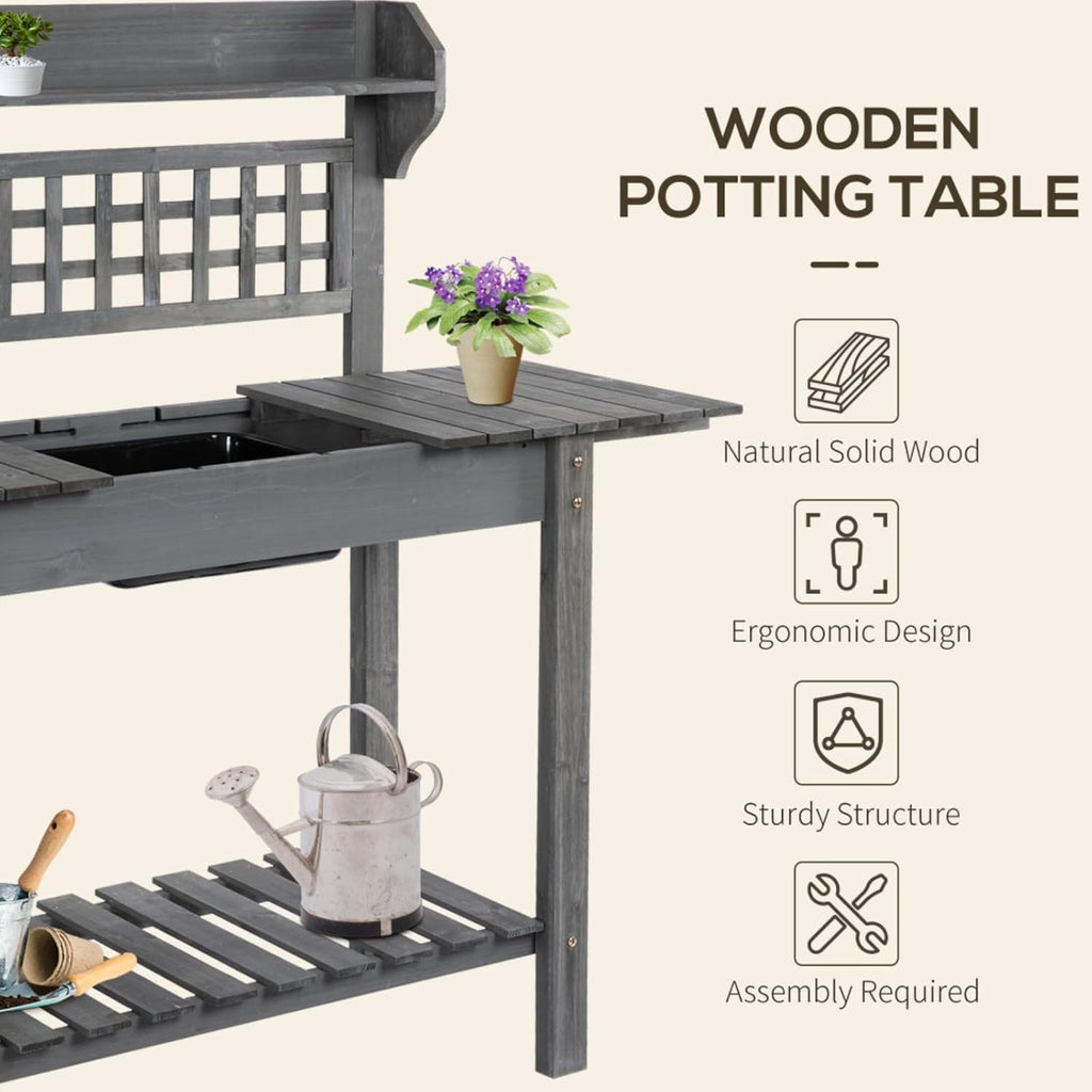 Wooden Outdoor Potting Bench Workstation Table with Storage Shelf, Dry Sink and Expandable Sliding Tabletop for Cutting and Potting Vegetables, Herbs, and Other Plants (Gray)