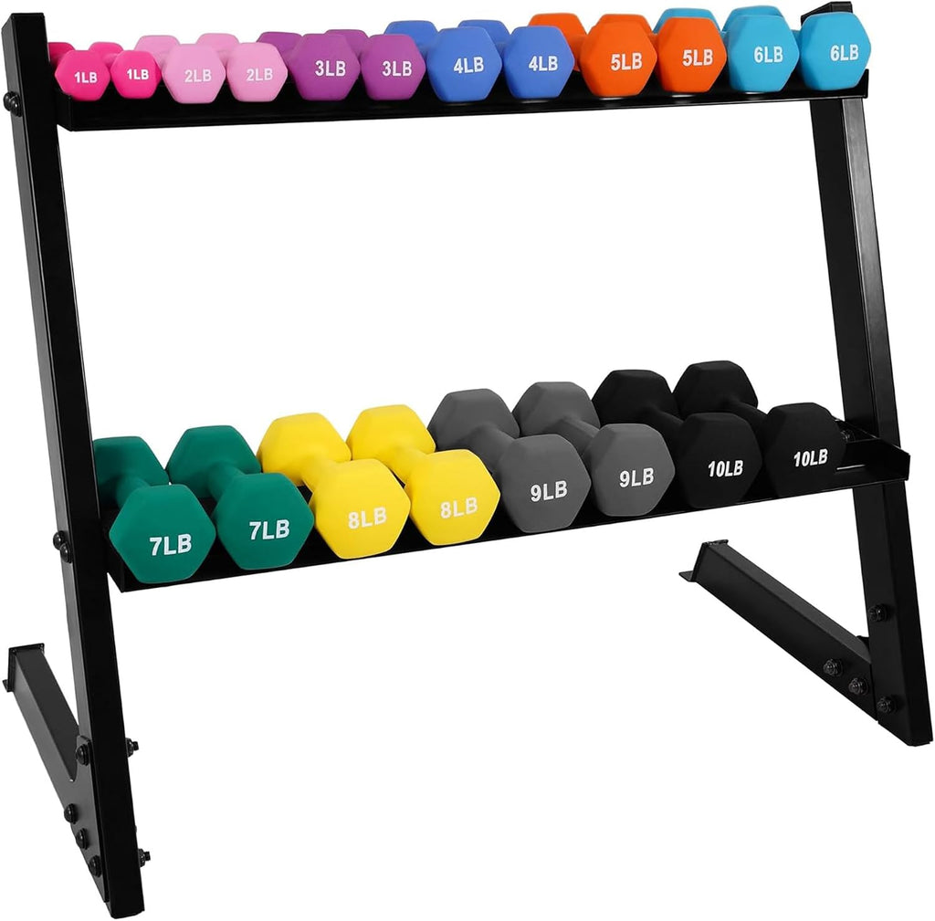 BalanceFrom Neoprene Coated Iron Dumbbell Hex Weights Set with Stand – Color-Coded or Black Options with Non-Slip Grip for Strength Training, Resistance Workouts, and Home Gym Fitness