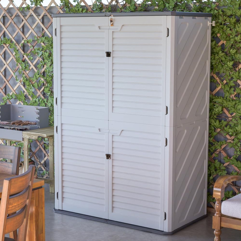Heavy-Duty Plastic Storage Shed with Floor – Weather-Resistant Outdoor Utility Shed for Garden Tools, Lawn Equipment & Yard Supplies (M-with partitions -White + Plastic)