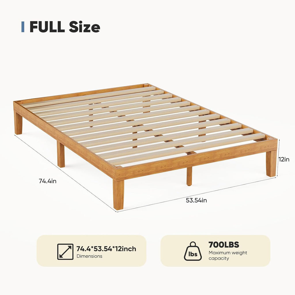 DUMOS Solid Wood Bed Frame, Full Size Bed Base with Wooden Slat Support, Sturdy, Stylish & Noise-Free Design, No Box Spring Needed, Easy Assembly, 12 in Natural Pine