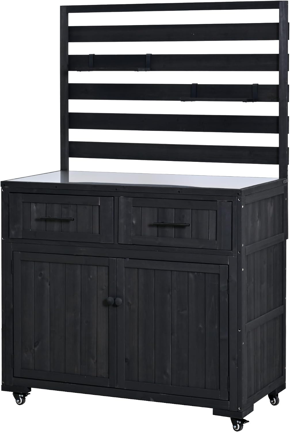 Solid Wood Grill Prep BBQ Table,Garden Potting Bench with Stainless Table Top,3 Movable Shelves and 2 Drawers (Black-LP)