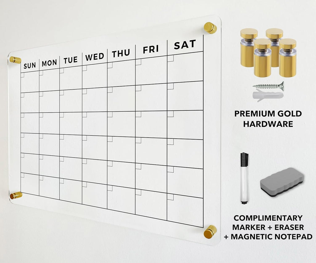 Acrylic Wall Premium Calendar 2026 - Monthly and Weekly Board Family Planner - Dry Erase Calendar Family Planner - Marker - Gold Hardware (Gold Standoff, 36'x24' (Large))