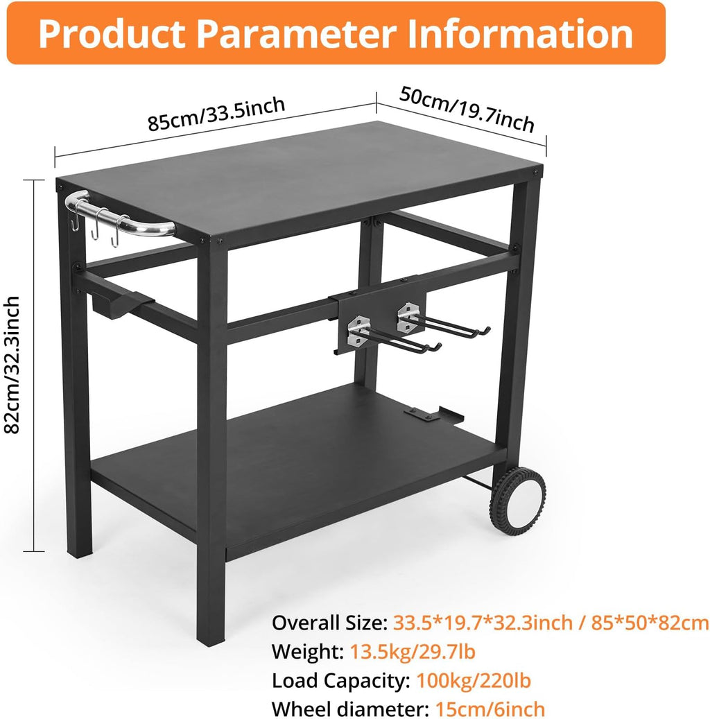 Outdoor Grill Cart - Portable Barbecue Table with Rolling Wheels, Hooks, Double Shelves, Removable Steel Flat Top Work Surface, Side Handles, Multifunctional Commercial Design