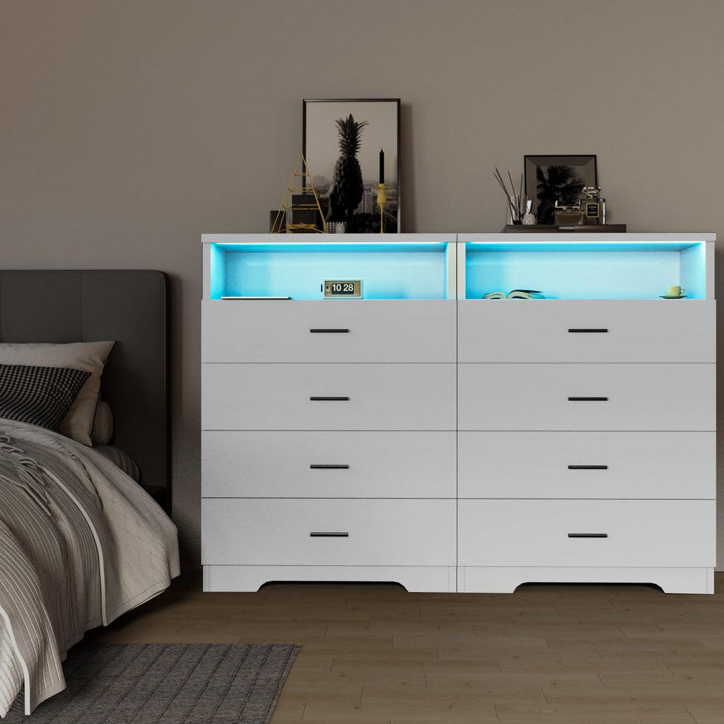 FJTJBSI Dresser with Power Outlets and LED Lights Wooden 4 Drawer Dresser with Large Organizer Tall White Drawer for Bedroom Modern Chest of Drawers Closet for Living Room Kids Room