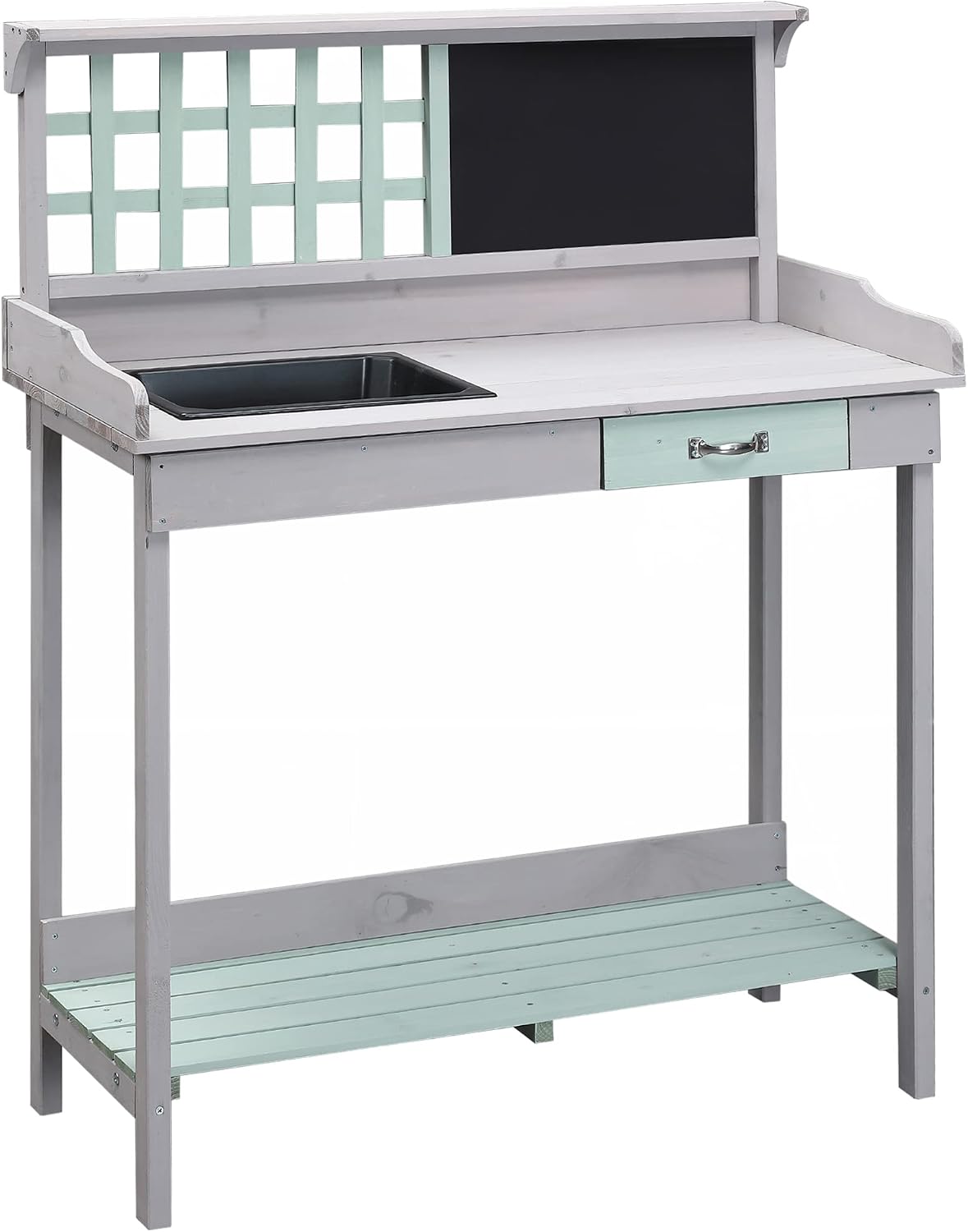 Outdoor Wooden Potting Bench Table with Removable Sink, GWork Bench with Chalkboard, Drawer, Open Shelf Storage, Light Gray